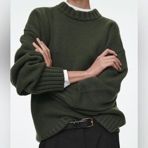 COS Chunky Pure Cashmere Crewneck Sweater in Dark Khaki